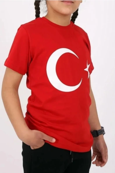 Kırmızı Beyaz Türk Bayrak Baskılı Unisex Çocuk Tişört - 5