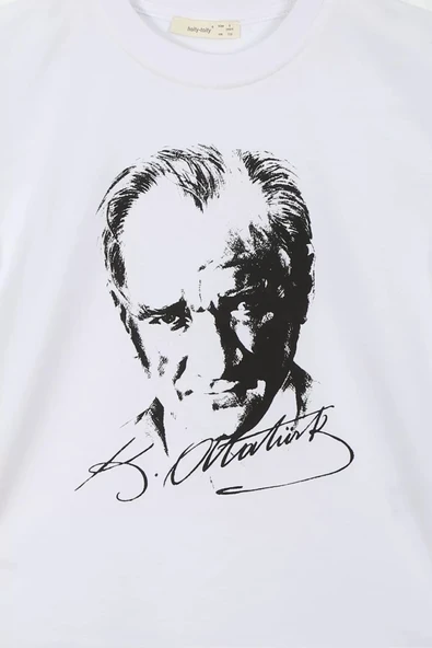 Beyaz Siyah Atatürk Baskılı Unisex Çocuk Tişört - 7