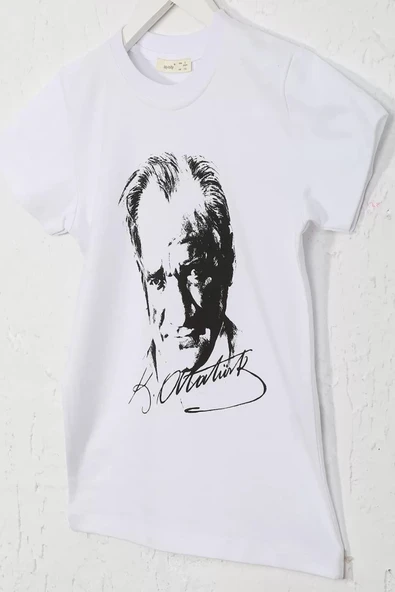 Beyaz Siyah Atatürk Baskılı Unisex Çocuk Tişört - 6