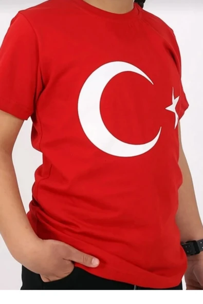 Kırmızı Beyaz Türk Bayrak Baskılı Unisex Çocuk Tişört - 4