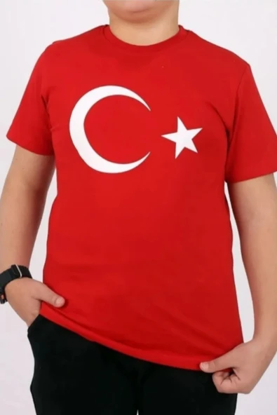 Kırmızı Beyaz Türk Bayrak Baskılı Unisex Çocuk Tişört - 3