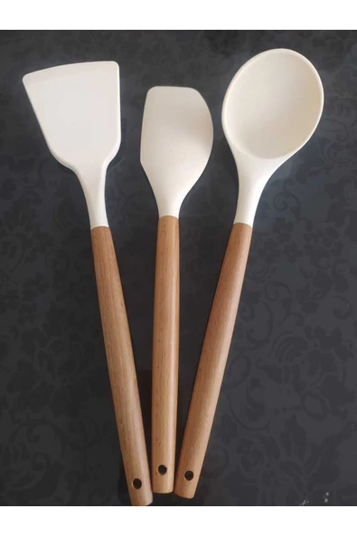 ncy Ahşap Bambu Saplı Yanmaz Yapışmaz Lüks Silikon Spatula Seti 3 'lü Takım