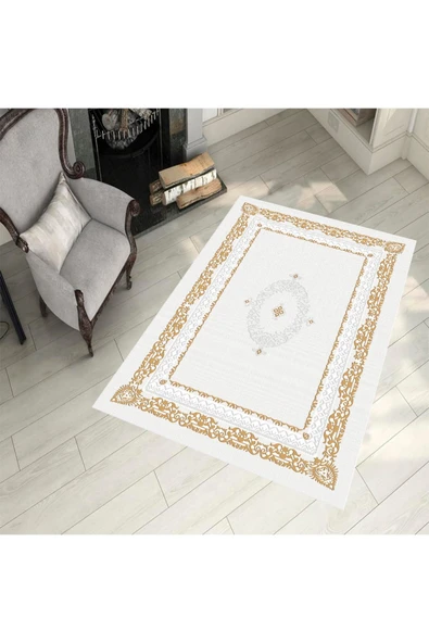 Makinede Yıkanabilir Leke Tutmaz  Krem-Gold Pvc Deri Kaymaz Taban Retro Salon Saçaksız Halı 387-02  ÇOKLU 100 x 200 - 3