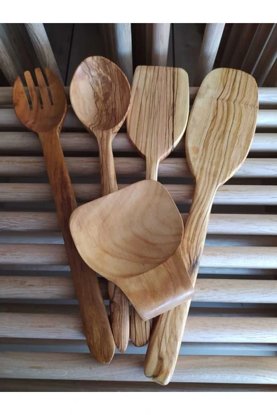 ncy El Yapımı Zeytin Desenli Şimşir Sağlamlığında Ceviz Kiraz Ağacı Kaşık Spatula Seti 5'li