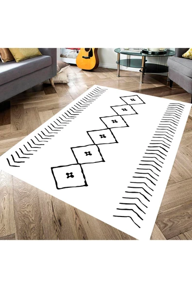 Makinede Yıkanabilir Leke Tutmaz  Iskandinav Beyaz Pvc Deri Kaymaz Taban Salon Saçaksız Halı 369-00  ÇOKLU 100 x 350 - 4