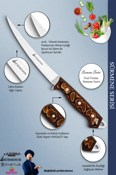 Sürmene Serisi Mutfak Fileto Bıçağı Steak Bıçak Et Balık Tavuk Fileto Bıçağı Kahverengi Mft-008 - 3