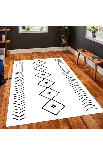 Makinede Yıkanabilir Leke Tutmaz  Iskandinav Beyaz Pvc Deri Kaymaz Taban Salon Saçaksız Halı 369-00  ÇOKLU 160 x 300 - 5