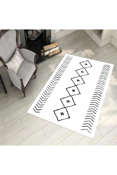 Makinede Yıkanabilir Leke Tutmaz  Iskandinav Beyaz Pvc Deri Kaymaz Taban Salon Saçaksız Halı 369-00  ÇOKLU 160 x 300 - 3