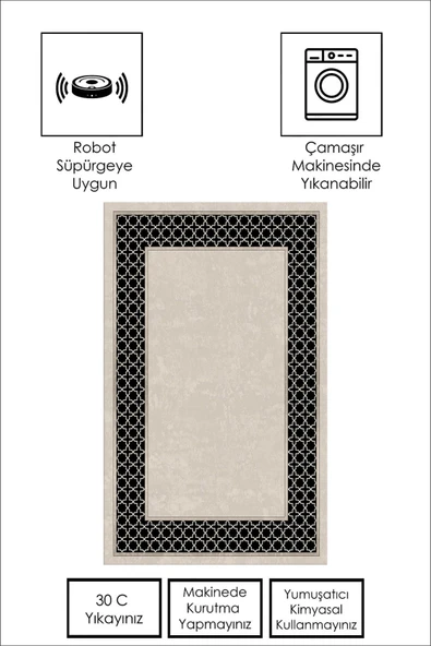 Makinede Yıkanabilir Leke Tutmaz  GRİ Modern Çerçeve Desen Halı ŞHB1322  KREM 80 x 200 - 5