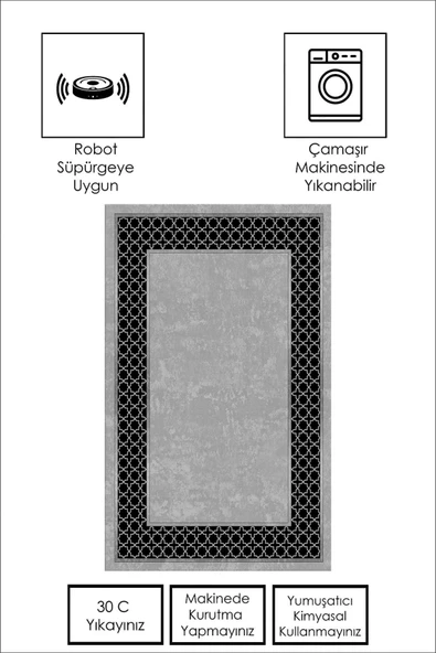 Makinede Yıkanabilir Leke Tutmaz  GRİ Modern Çerçeve Desen Halı ŞHB1322  GRİ 80 x 150 - 4