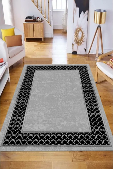 Makinede Yıkanabilir Leke Tutmaz  GRİ Modern Çerçeve Desen Halı ŞHB1322  GRİ 80 x 150 - 3