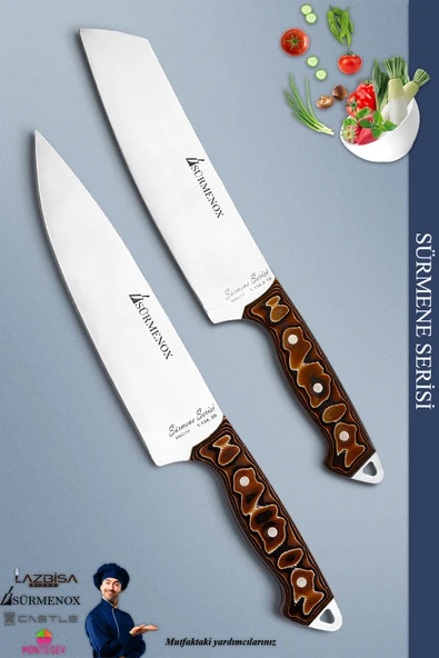 Sürmene Serisi Mutfak Şef Bıçak Seti Et Ekmek Sebze Salata Şef Bıçağı 2 Li Set Kahverengi ( Mft-011 )