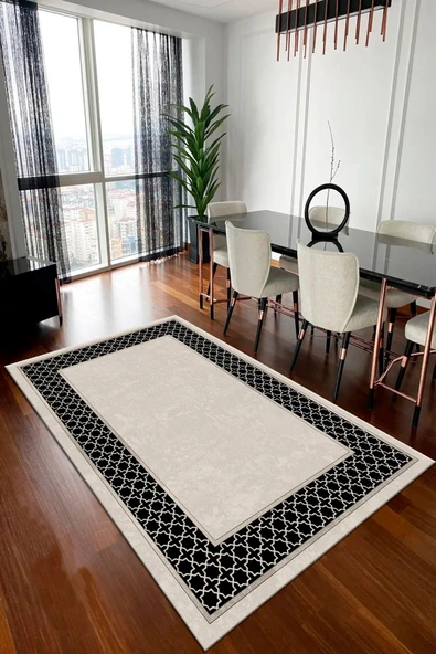 Makinede Yıkanabilir Leke Tutmaz  GRİ Modern Çerçeve Desen Halı ŞHB1322  KREM 80 x 300 - Resim 3