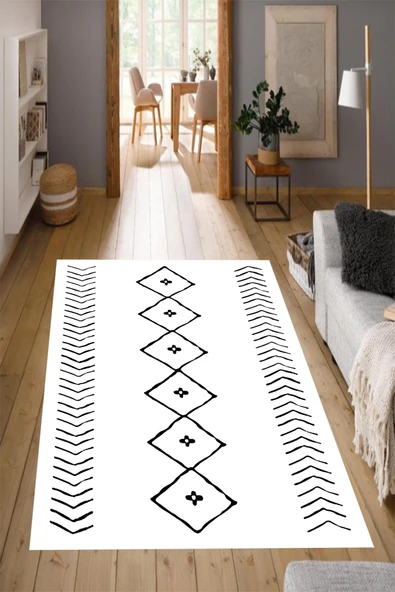 Makinede Yıkanabilir Leke Tutmaz  Iskandinav Beyaz Pvc Deri Kaymaz Taban Salon Saçaksız Halı 369-00  ÇOKLU 160 x 300