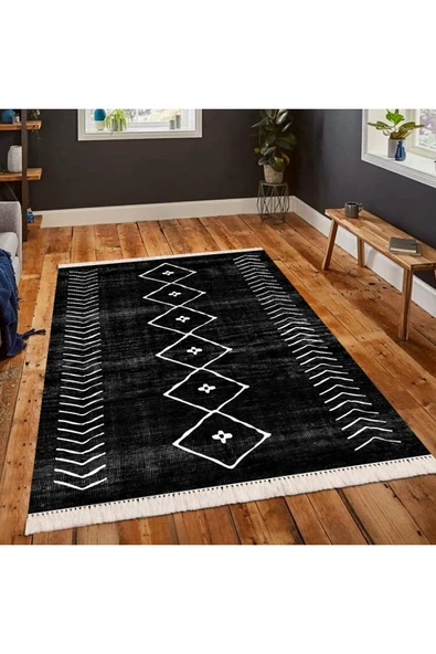 Makinede Yıkanabilir Leke Tutmaz  Siyah Pvc Deri Kaymaz Taban Etnik Salon Saçaksız Halı 369-01  ÇOKLU 100 x 100 - 4