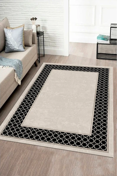 Makinede Yıkanabilir Leke Tutmaz  GRİ Modern Çerçeve Desen Halı ŞHB1322  KREM 80 x 200 - 2