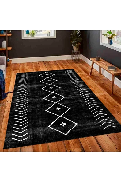 Makinede Yıkanabilir Leke Tutmaz  Siyah Pvc Deri Kaymaz Taban Etnik Salon Saçaksız Halı 369-01  ÇOKLU 100 x 100 - 3