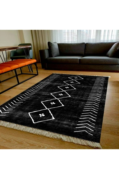 Makinede Yıkanabilir Leke Tutmaz  Siyah Pvc Deri Kaymaz Taban Etnik Salon Saçaksız Halı 369-01  ÇOKLU 100 x 100 - 2