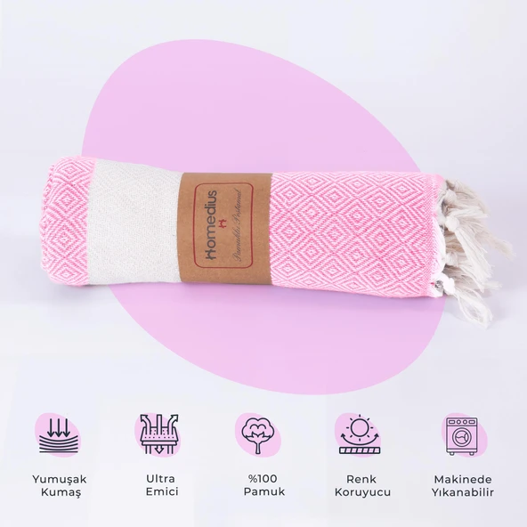 Homedius Elmas Desenli Diamond Pamuk Peştamal Banyo ve Plaj Havlusu 100x180 cm Pembe 100x180 - 4