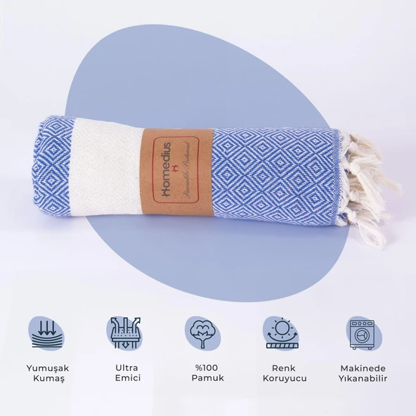 Homedius Elmas Desenli Diamond Pamuk Peştamal Banyo ve Plaj Havlusu 100x180 cm Mavi 100x180 - 4