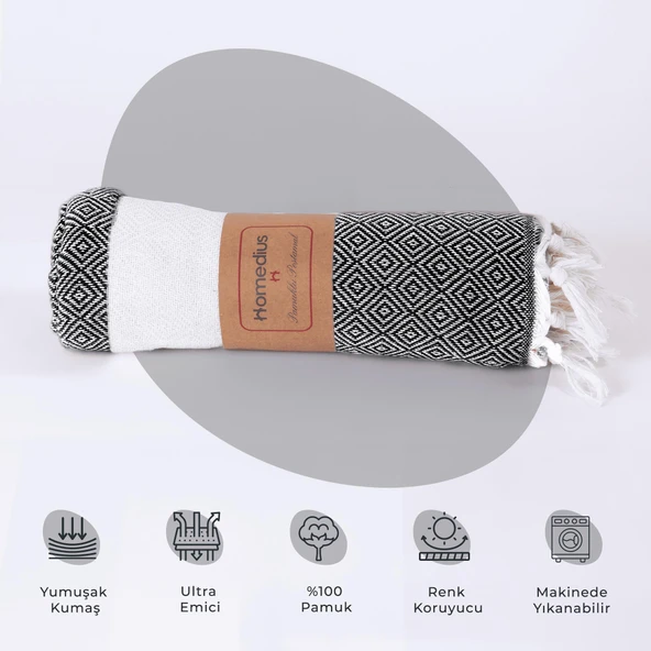 Homedius Elmas Desenli Diamond Pamuk Peştamal Banyo ve Plaj Havlusu 100x180 cm Siyah 100x180 - 4
