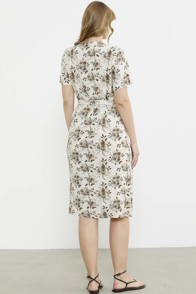 Çiçek Desenli V Yaka Uzun Elbise - Kahve - Resim 6