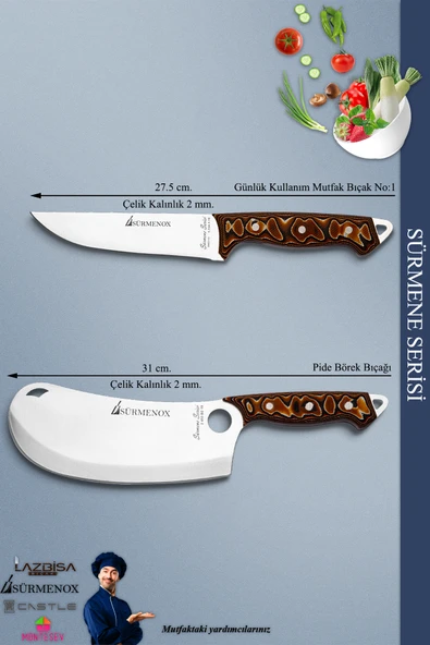 Sürmene Serisi Mutfak Bıçak Seti Et Ekmek Sebze Börek Pide Pizza Şef Bıçağı 2 Li Set Kahve (MFT-016) - 2