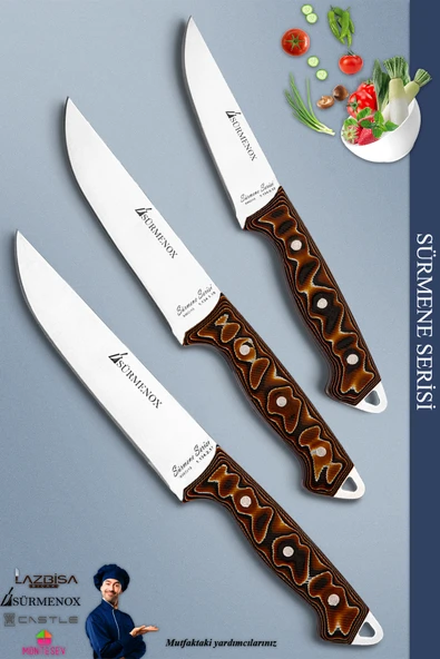 Sürmene Serisi Mutfak Bıçak Seti Et Ekmek Tavuk Sebze Salata Bıçağı 3 Lü Set Kahverengi (MFT-020) - 1