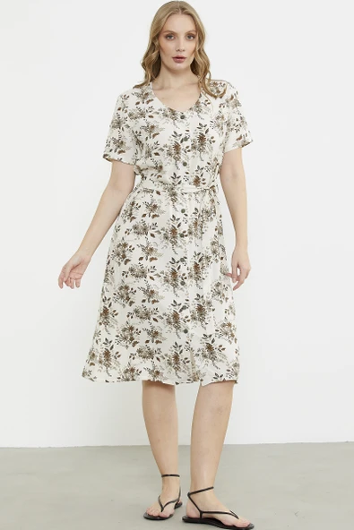 Çiçek Desenli V Yaka Uzun Elbise - Kahve - Resim 3