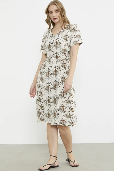 Çiçek Desenli V Yaka Uzun Elbise - Kahve - Resim 4