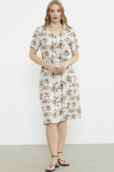 Çiçek Desenli V Yaka Uzun Elbise - Kahve - Resim 2