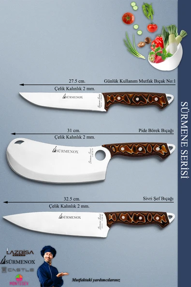 Sürmene Serisi Mutfak Şef Bıçak Seti Et Ekmek Sebze Börek Pizza Şef Bıçağı 3 Lü Set Kahve (Mft-021) - 2