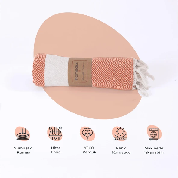 Homedius Elmas Desenli Diamond Pamuk Peştamal Banyo ve Plaj Havlusu 100x180 cm  Turuncu 100x180 - 4