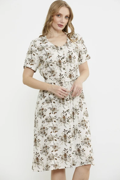 Çiçek Desenli V Yaka Uzun Elbise - Kahve - Resim 5