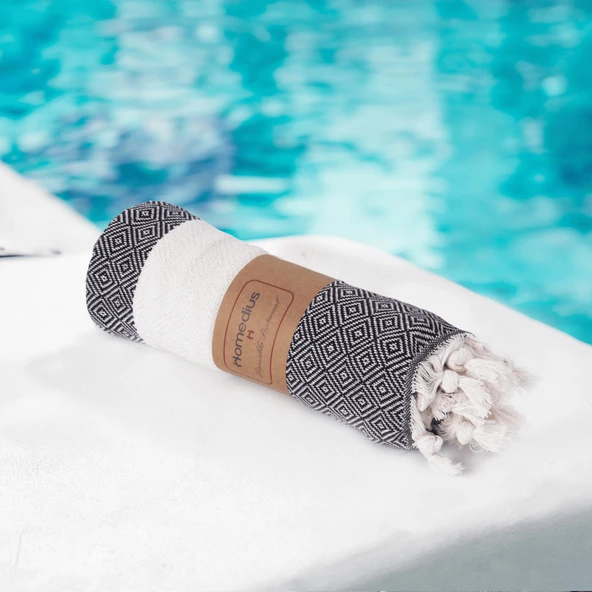 Homedius Elmas Desenli Diamond Pamuk Peştamal Banyo ve Plaj Havlusu 100x180 cm Siyah 100x180 - 3