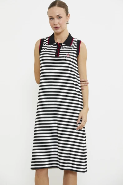 Polo Yaka Marine Çizgili Elbise - Siyah - 3