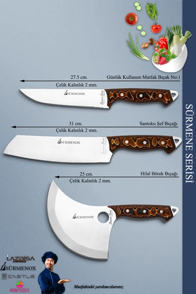Sürmene Serisi Mutfak Şef Bıçak Seti Et Ekmek Salata Börek Pizza Şef Bıçağı 3 Lü Set Kahve (Mft-023) - 2