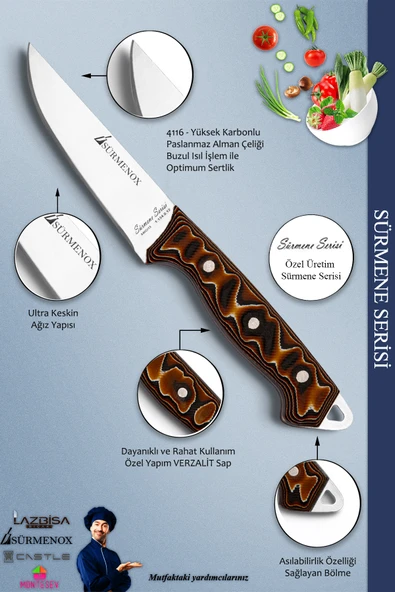 Sürmene Serisi Mutfak Bıçak Seti Et Ekmek Sebze Salata Fileto Bıçağı 6 Lı Set Kahverengi (Mft-028) - Resim 3