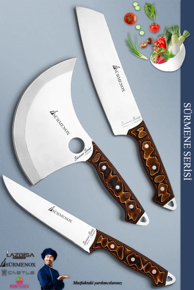 Sürmene Serisi Mutfak Şef Bıçak Seti Et Ekmek Salata Börek Pizza Şef Bıçağı 3 Lü Set Kahve (Mft-023)