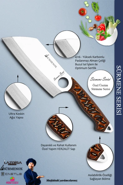 Sürmene Serisi Mutfak Kamp Kesik Şef Bıçak Et Ekmek Sebze Salata Kamp Şef Bıçağı Kahve ( Mft-030 ) - 4