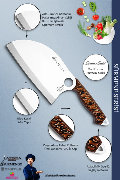 Sürmene Serisi Large Almazan Mutfak Kamp Şef Bıçak Et Ekmek Sebze Kamp Şef Bıçağı Kahve ( Mft-031 ) - 4