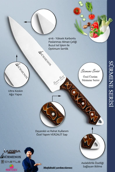 Sürmene Serisi Mutfak Şef Bıçak Seti Et Ekmek Sebze Pizza Fileto Bıçağı 5 Li Set Kahve (Mft-027) - 3