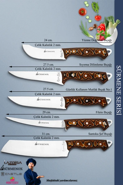 Sürmene Serisi Mutfak Şef Bıçak Seti Et Ekmek Sebze Salata Fileto Bıçağı 5 Li Set Kahve (Mft-025) - 2