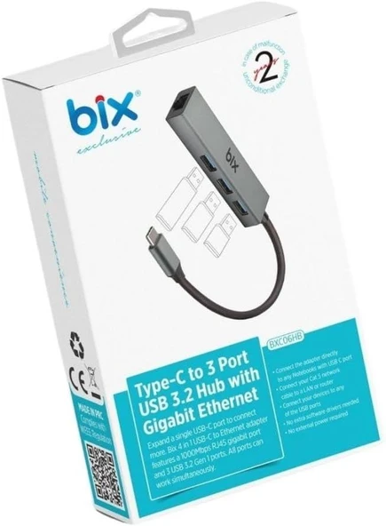 Bix BXC06HB Type-C'den 3 Bağlantı Noktalı Gigabit Ethernet USB 3.2 Hub - 3