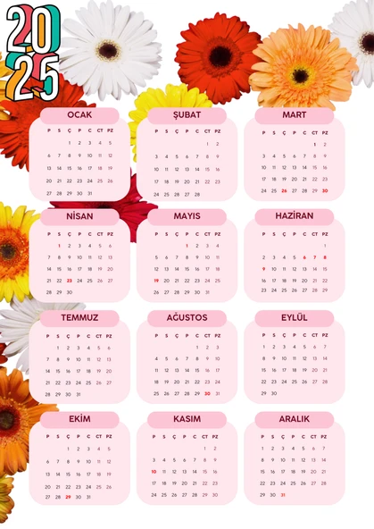 2025 Takvimi Kişiye Özel Gerbera Çiçeği Tasarım - 1