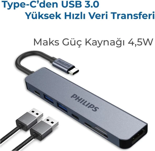 Philips Type C to PD 87W HDMI USB SD Micro SD Dönüştürücü Hub - 5