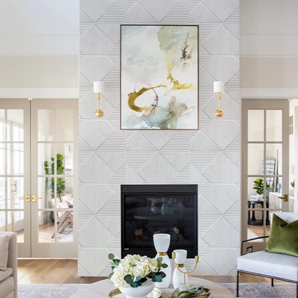 Renkli Duvarlar 50cmx50cm 1Adet Beyaz 3D Abs Çizgili Desenli PVC Dayanıklı Duvar Paneli Silinebilir Lambiri Model - Resim 3