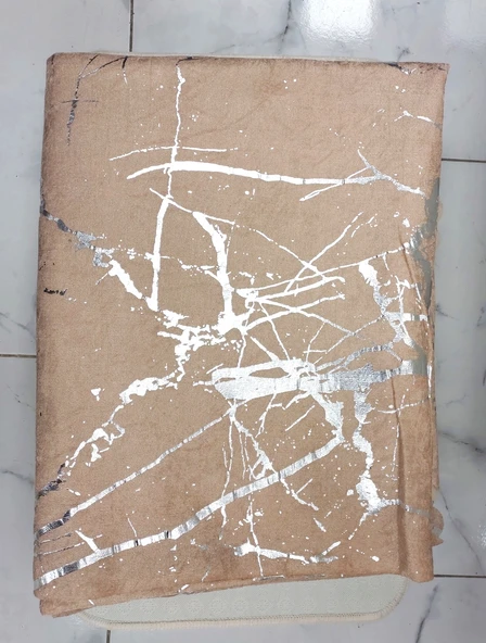 Süngerli Kadife Mermer Desen Kaymaz Koltuk Örtüsü (170x210)-Kahveye Gümüş Varaklı