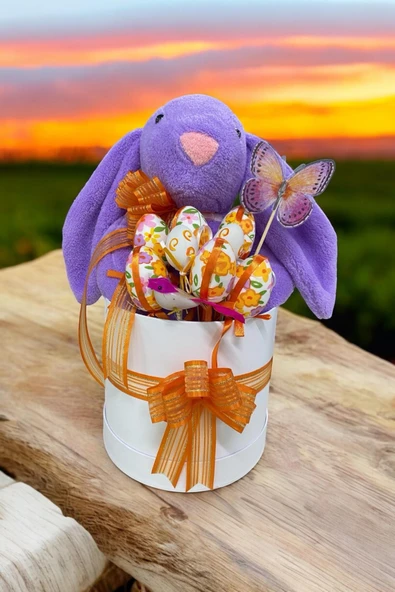 SOLE Premium Paskalya Temalı 45 cm Mor Bunny Tavşan Hediye Kutusu - Dekoratif Yumurta ve Kelebek Süslemeli
