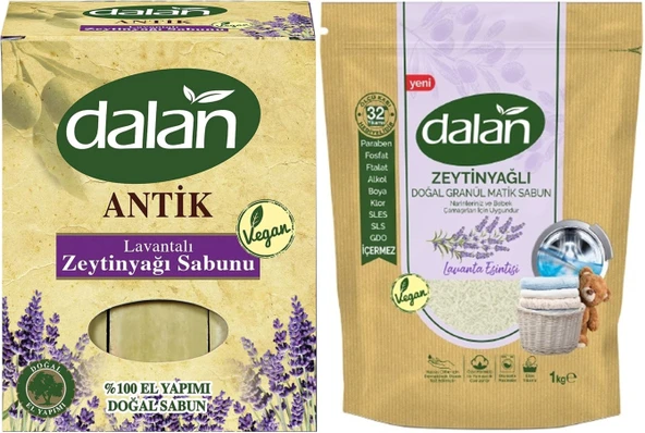 Dalan Antik Defneli Zeytinyağı Sabunu 900GR Lavantalı & Granül Sabun Tozu Lavantalı 1KG (2 Li Set)